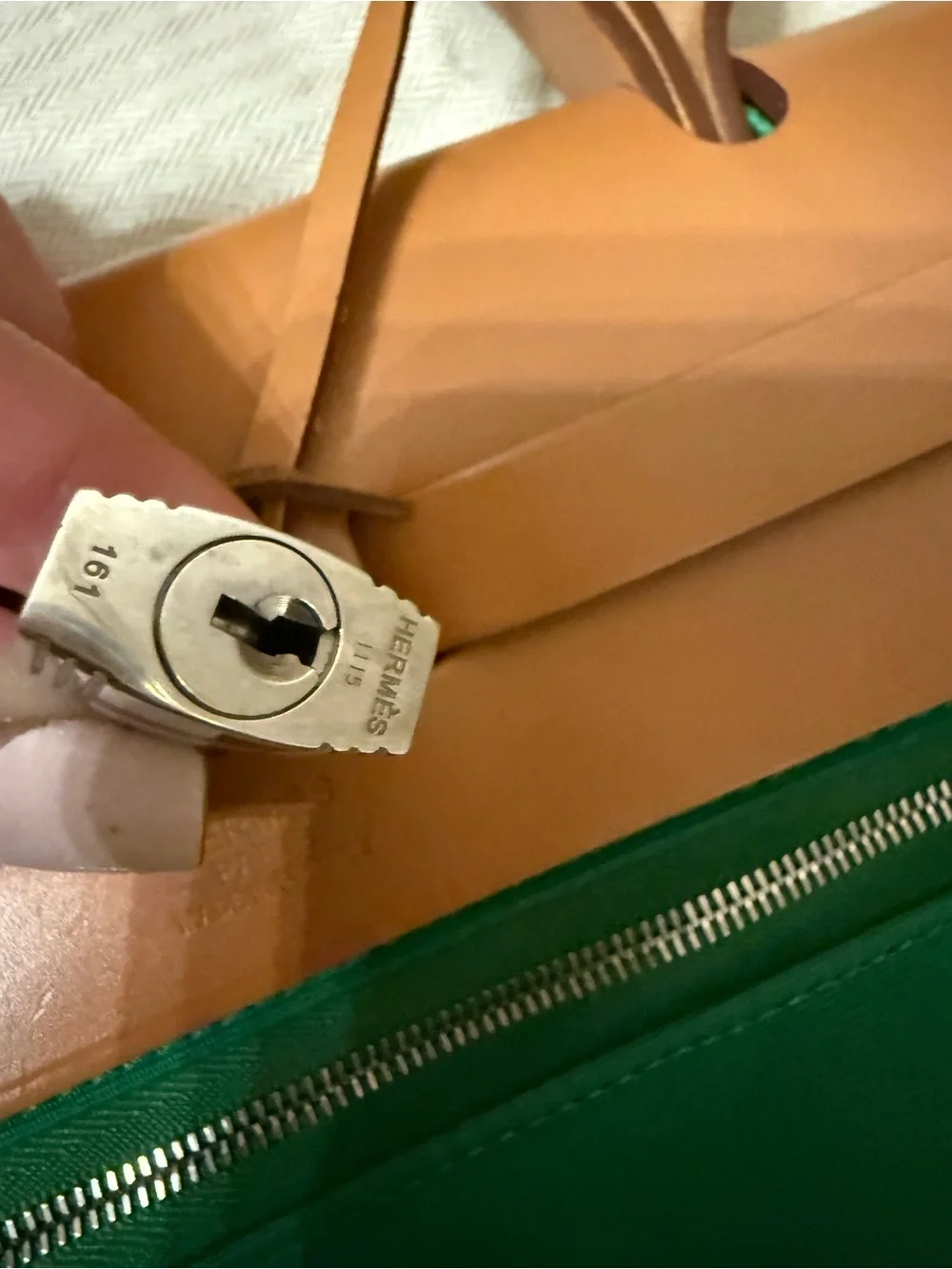 HERMES Green Canvas and Tan Leather Top-Handle Bag